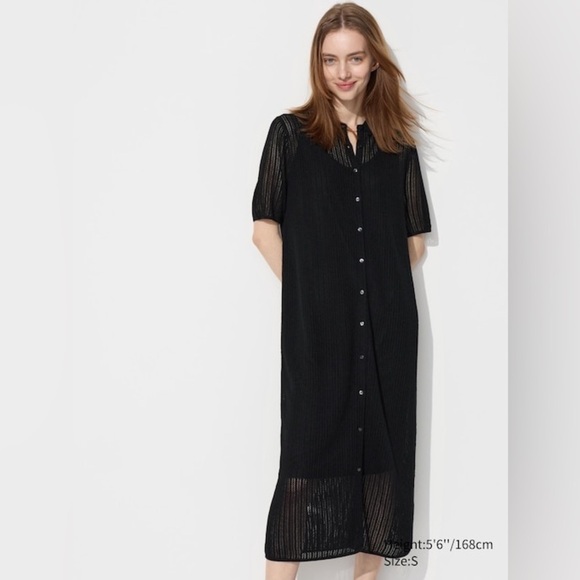 UNIQLO Lace Knit Dress Wool A-line Button Down Black  XS Open Knit midi collared - Picture 2 of 14